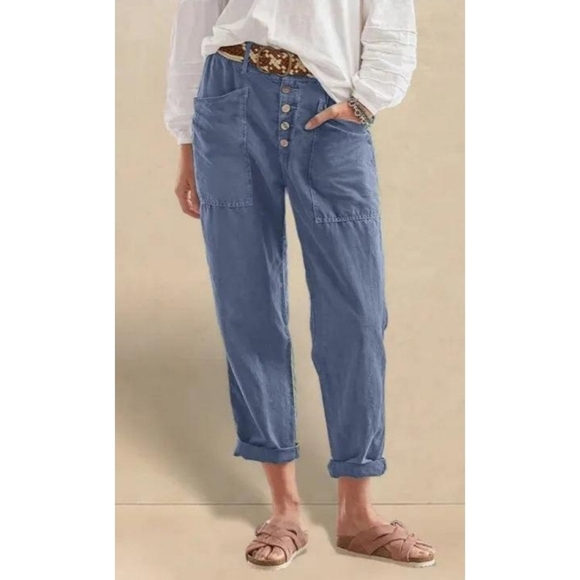 Lintco Linen Simple Button Fly Lagenlook Trousers HEIDI Dusty Blue - Picture 1 of 8